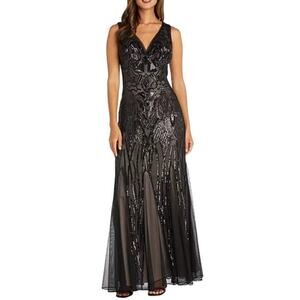 R&M Richards Sleeveless Godet Skirt Embellished Long Sequin Dress Black Nude 16